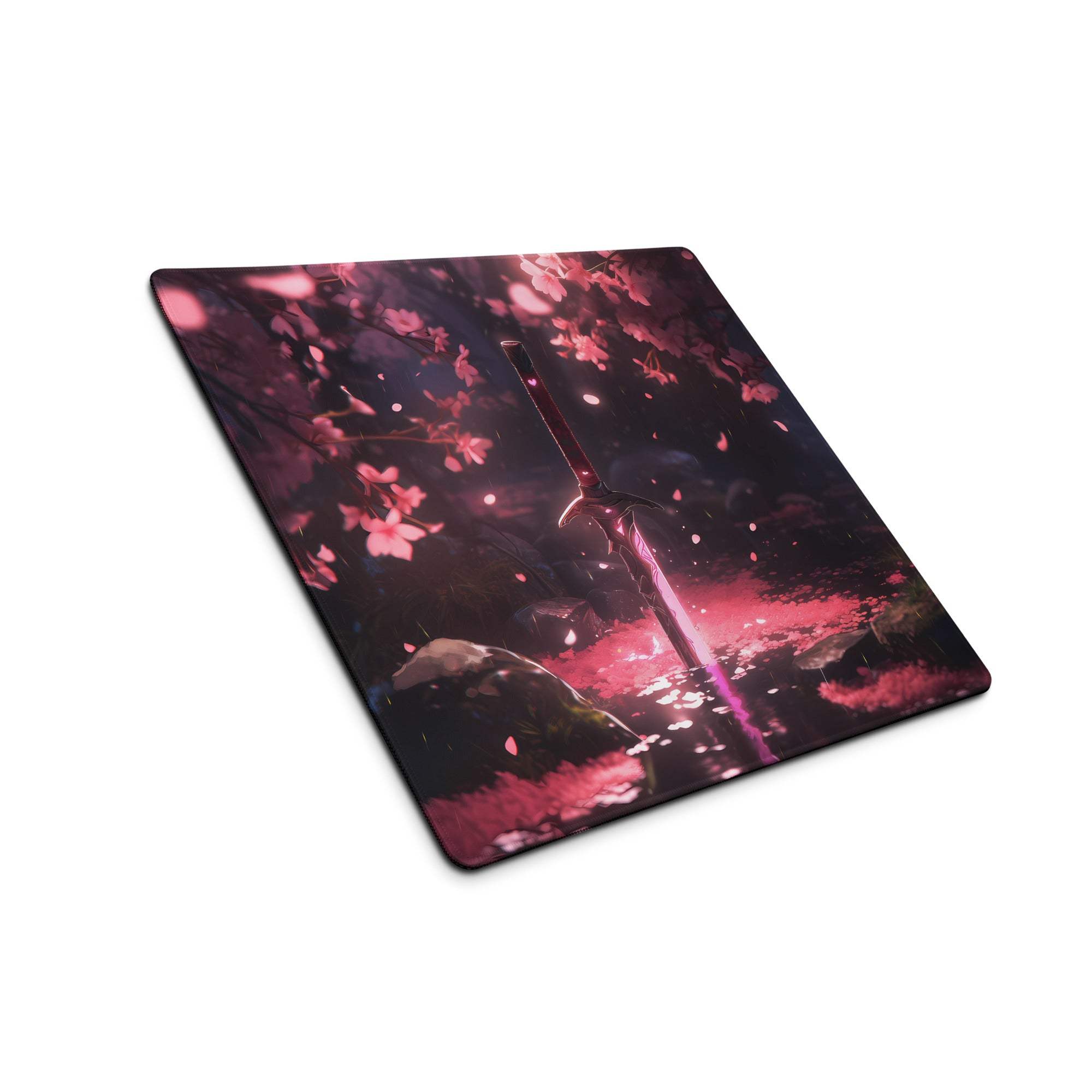 Pink black cherry blossom sword gaming mousepad with non-slip base