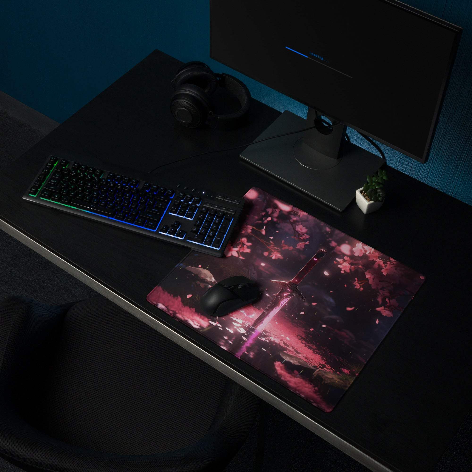 Dreamy pink sakura sword gaming mouse pad with non-slip base