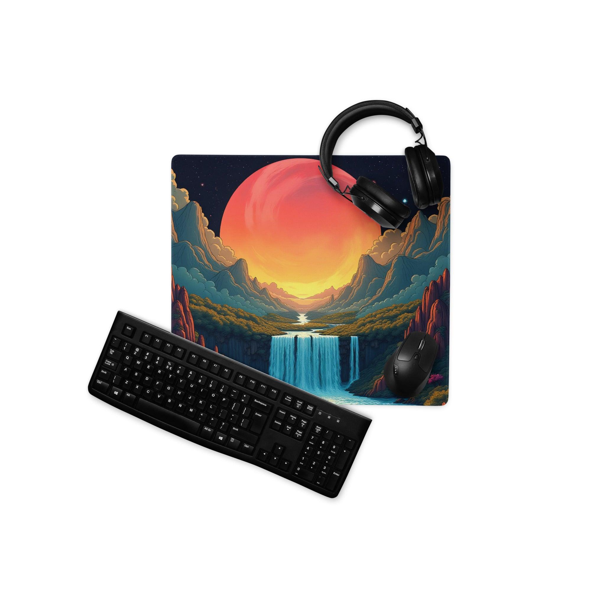 Epic fantasy sunset gaming mouse pad with waterfall, mountains, headphones