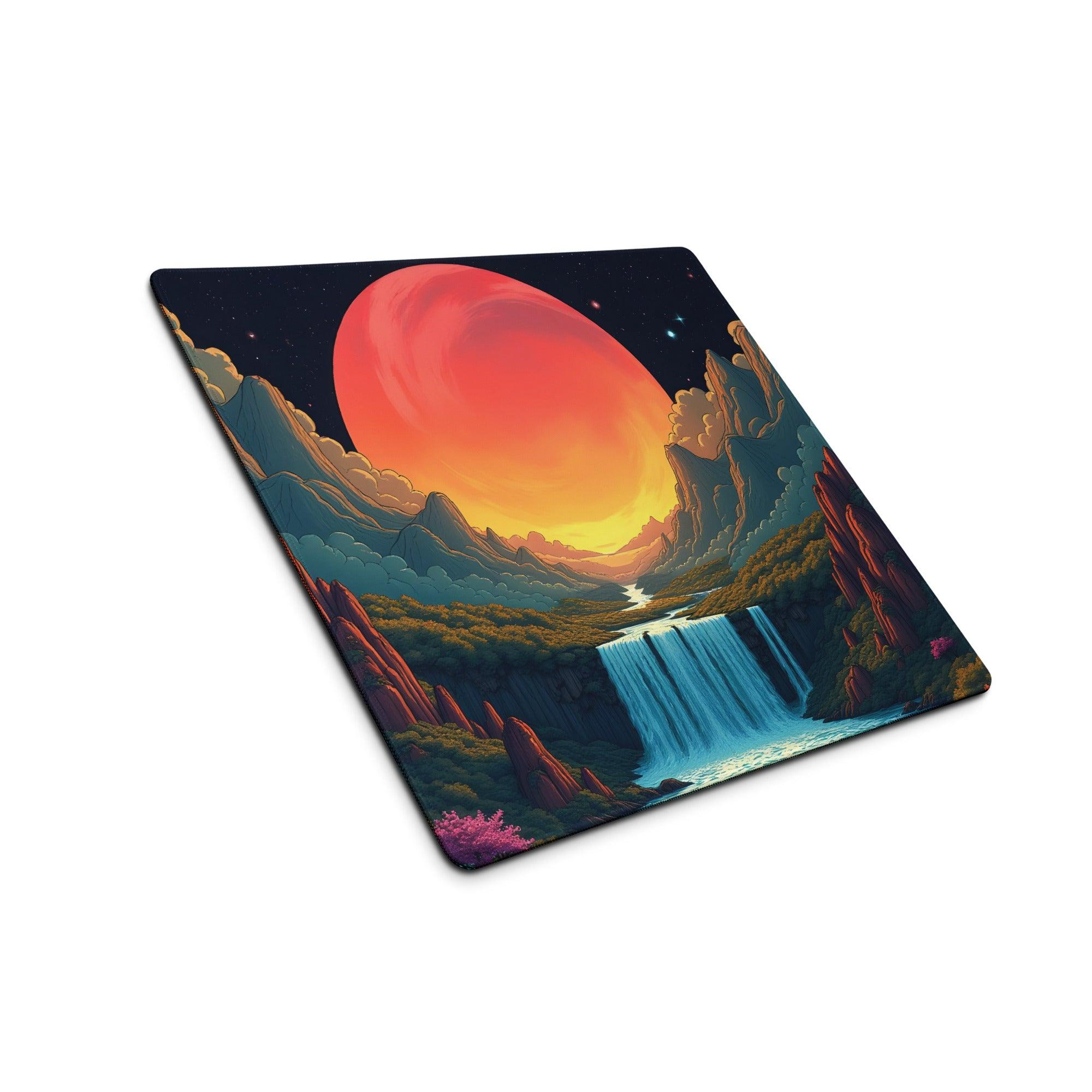 Epic fantasy gaming mouse pad with red-orange planet sunset, waterfall, mountains, purple flowers