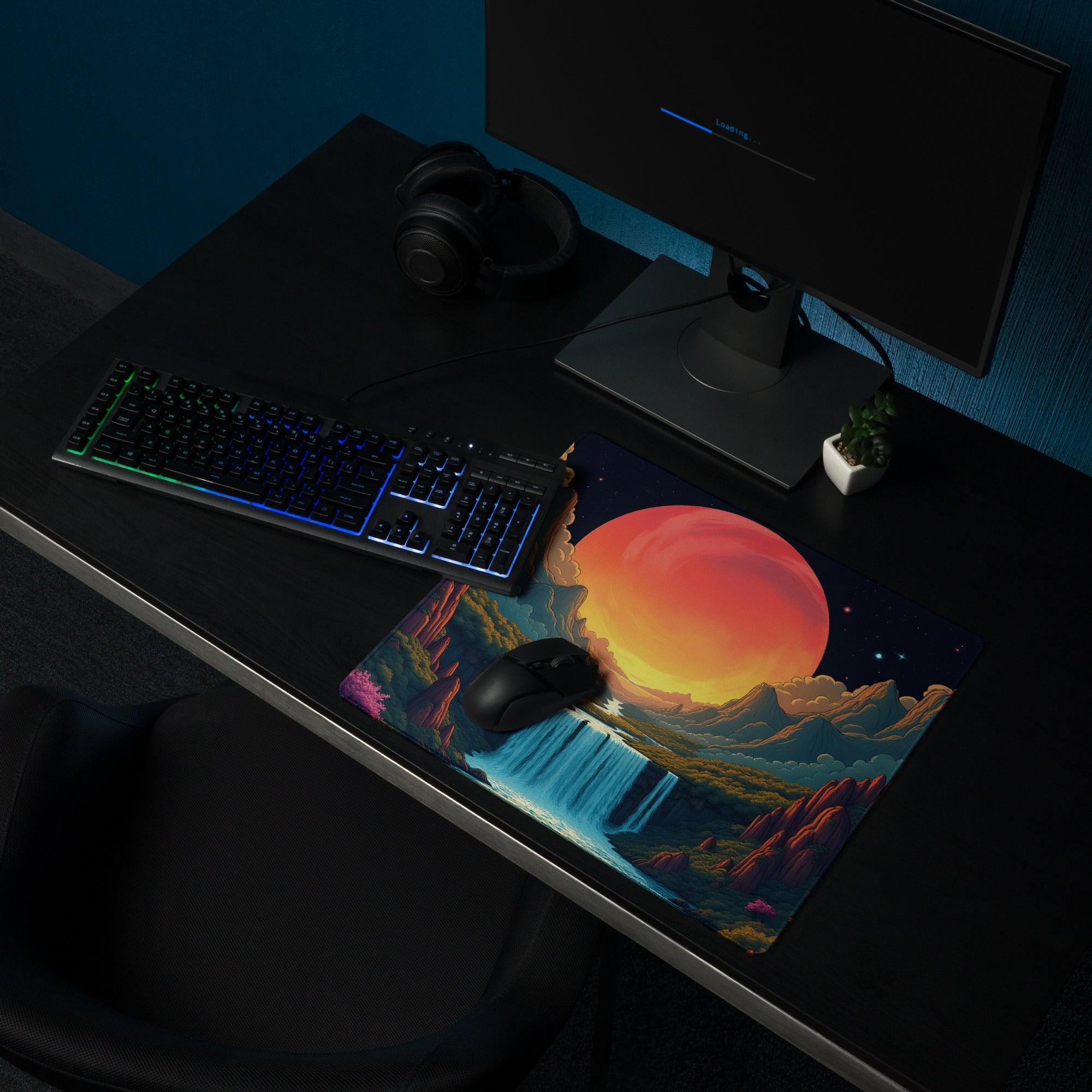 Epic fantasy gaming mouse pad with glowing orange-red planet over waterfalls