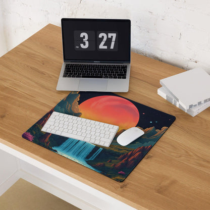 Epic fantasy gaming mouse pad with orange-red planet, waterfalls, starry sky