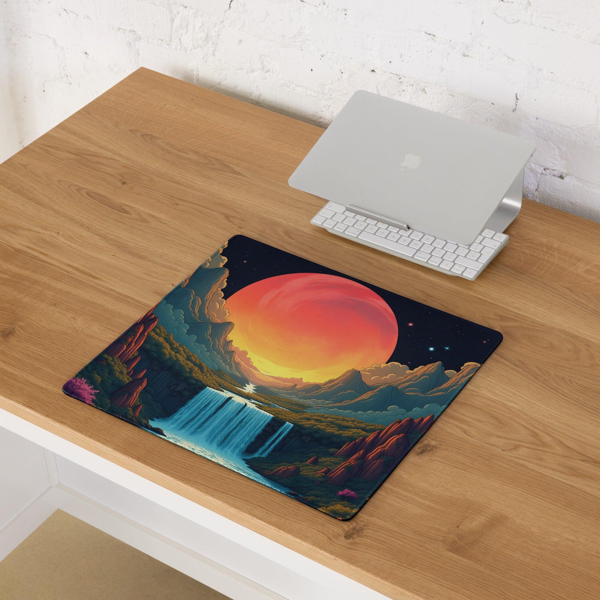 Epic fantasy gaming mouse pad with vibrant neon sunset waterfall mountains