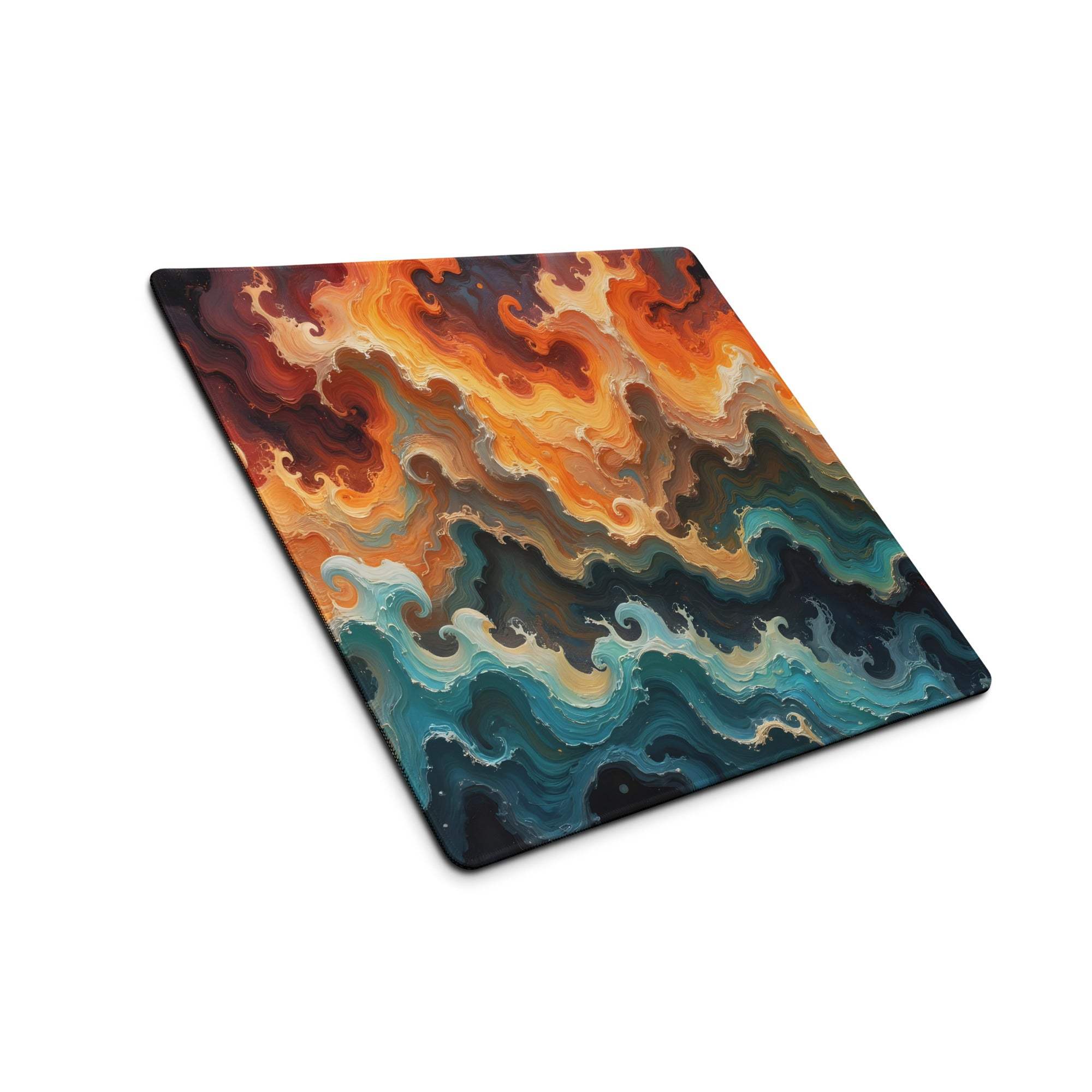Vibrant abstract swirl ocean sunset mousepad in orange red teal for gaming desk