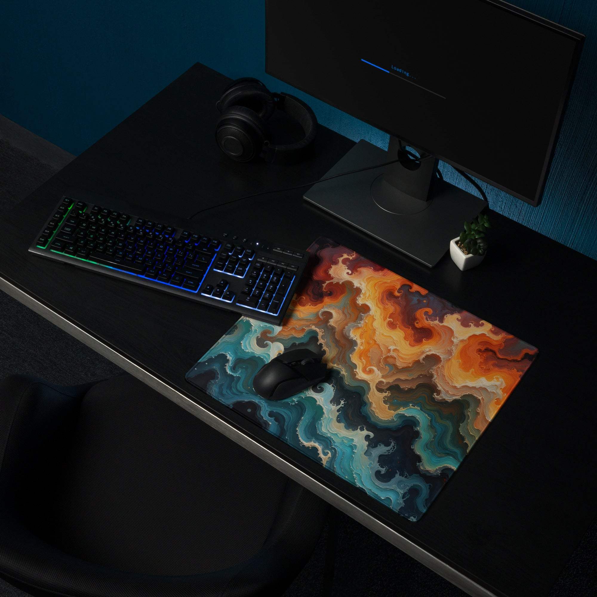 Large Abstract Swirl gaming mouse pad in ocean sunset orange teal black