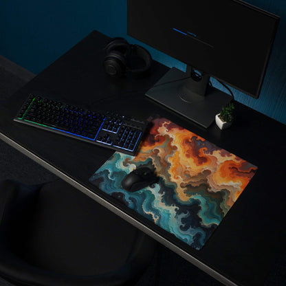 Large Abstract Swirl gaming mouse pad in ocean sunset orange teal black