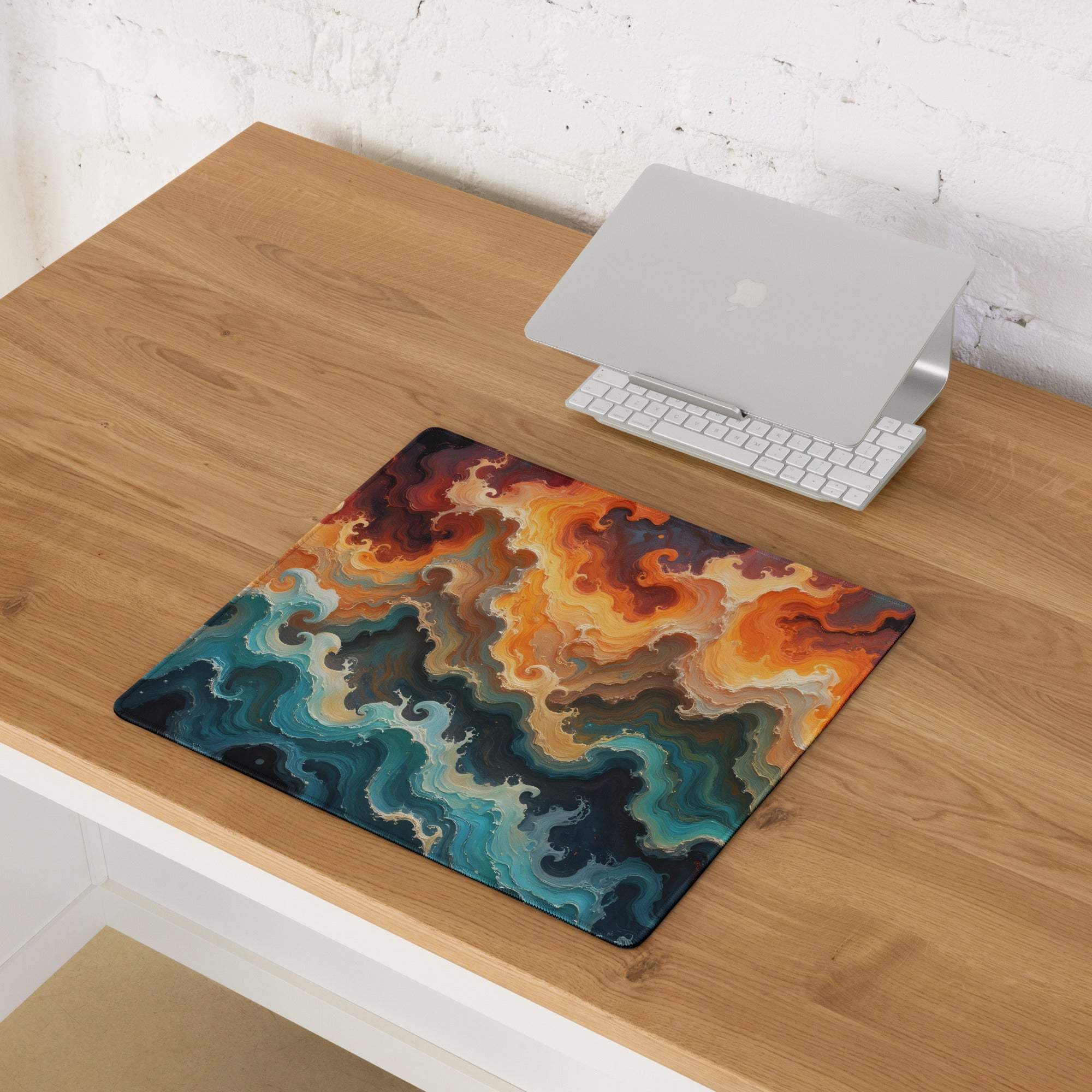 Large Abstract Swirl gaming mouse pad in ocean sunset orange teal palette