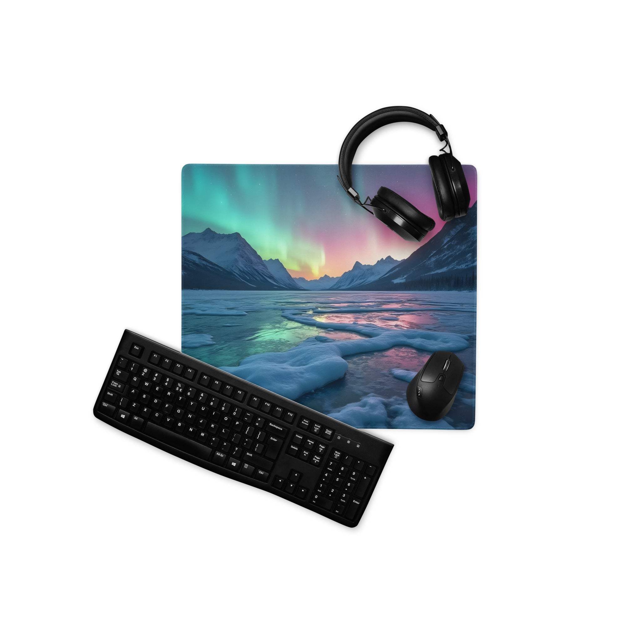 Vibrant aurora borealis gaming mouse pad with headphones, non-slip base