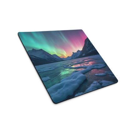 Vibrant aurora borealis gaming mouse pad with icy mountains, non-slip base