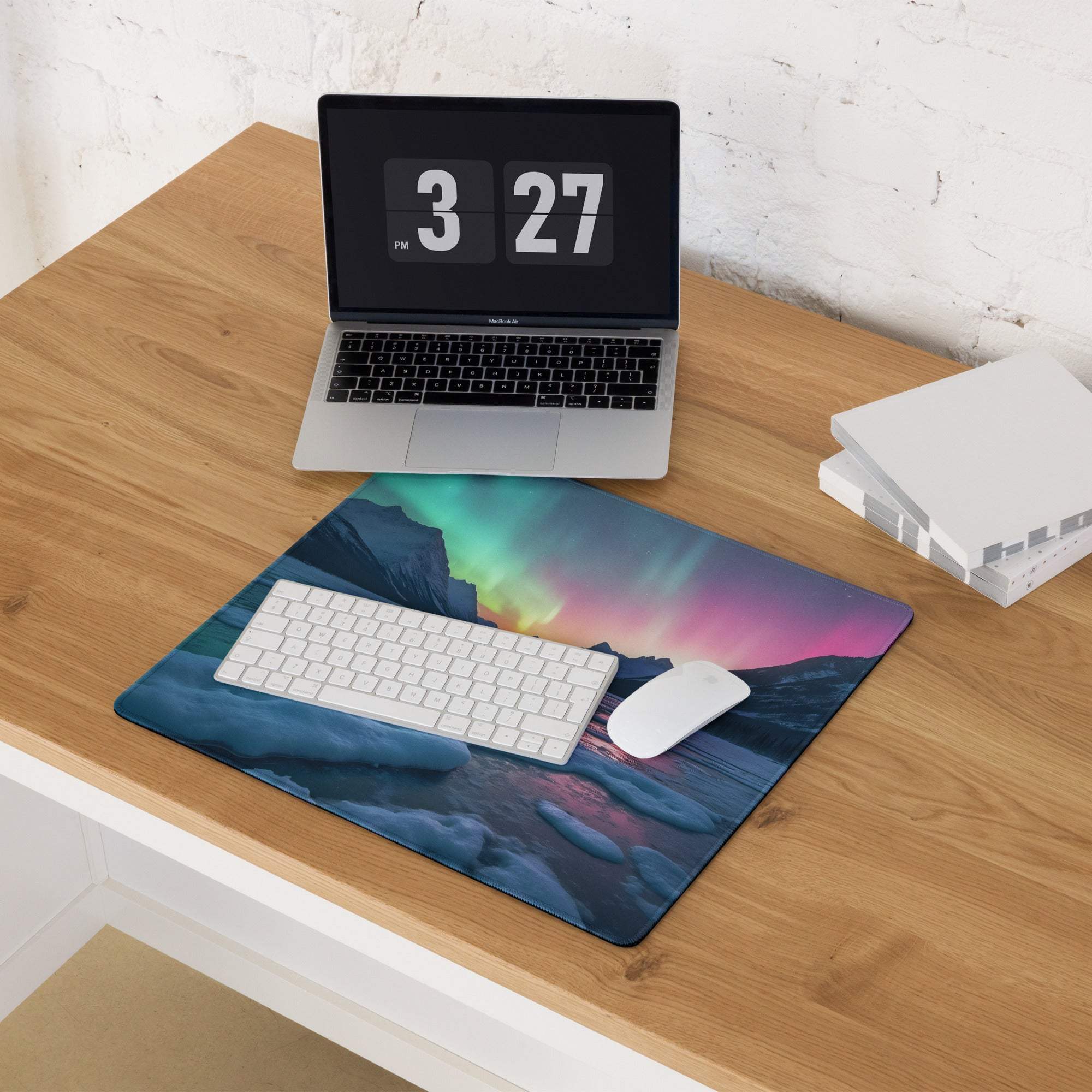 Vibrant aurora borealis gaming mouse pad with non-slip base and stitched edges