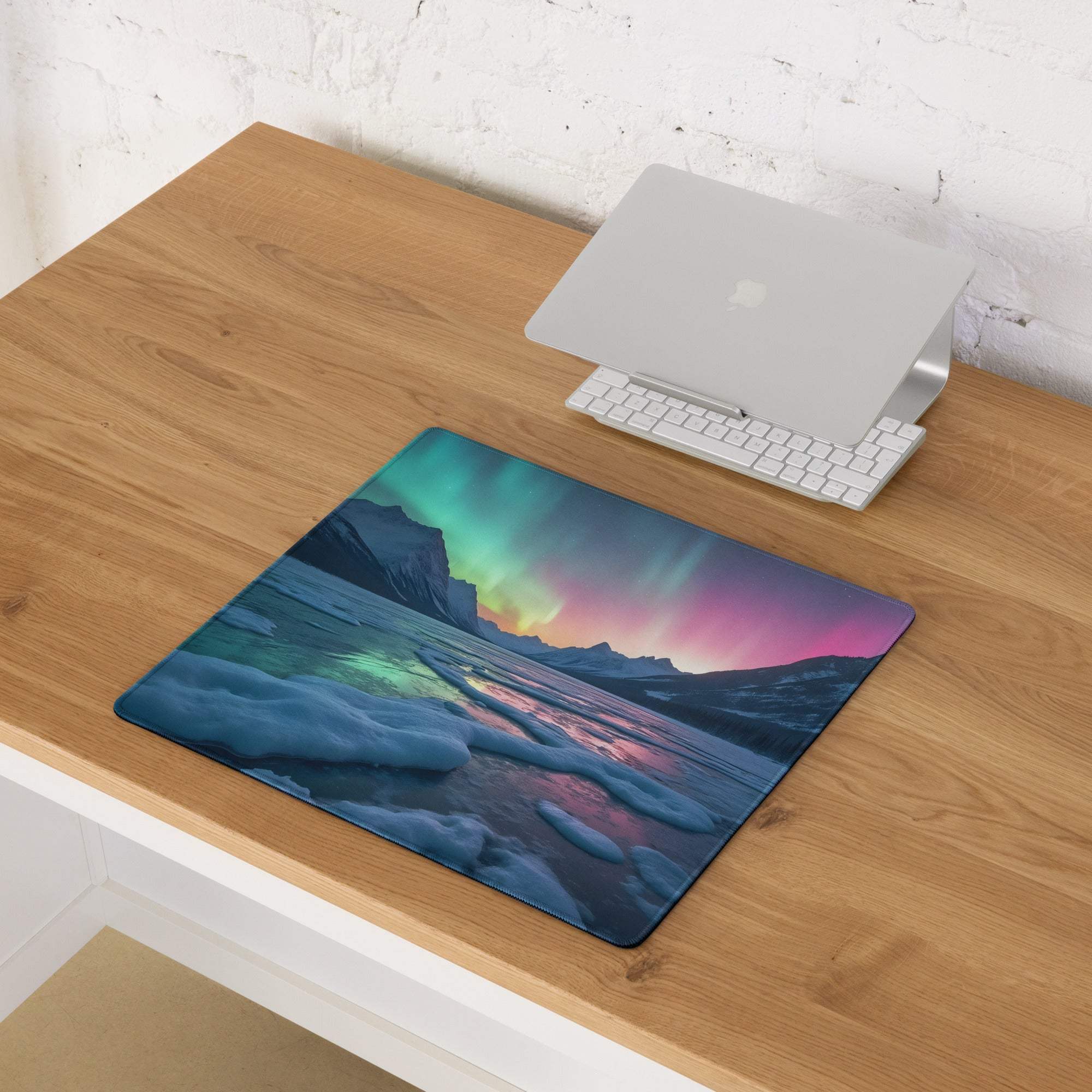 Vibrant aurora borealis gaming mouse pad with non-slip base and stitched edges