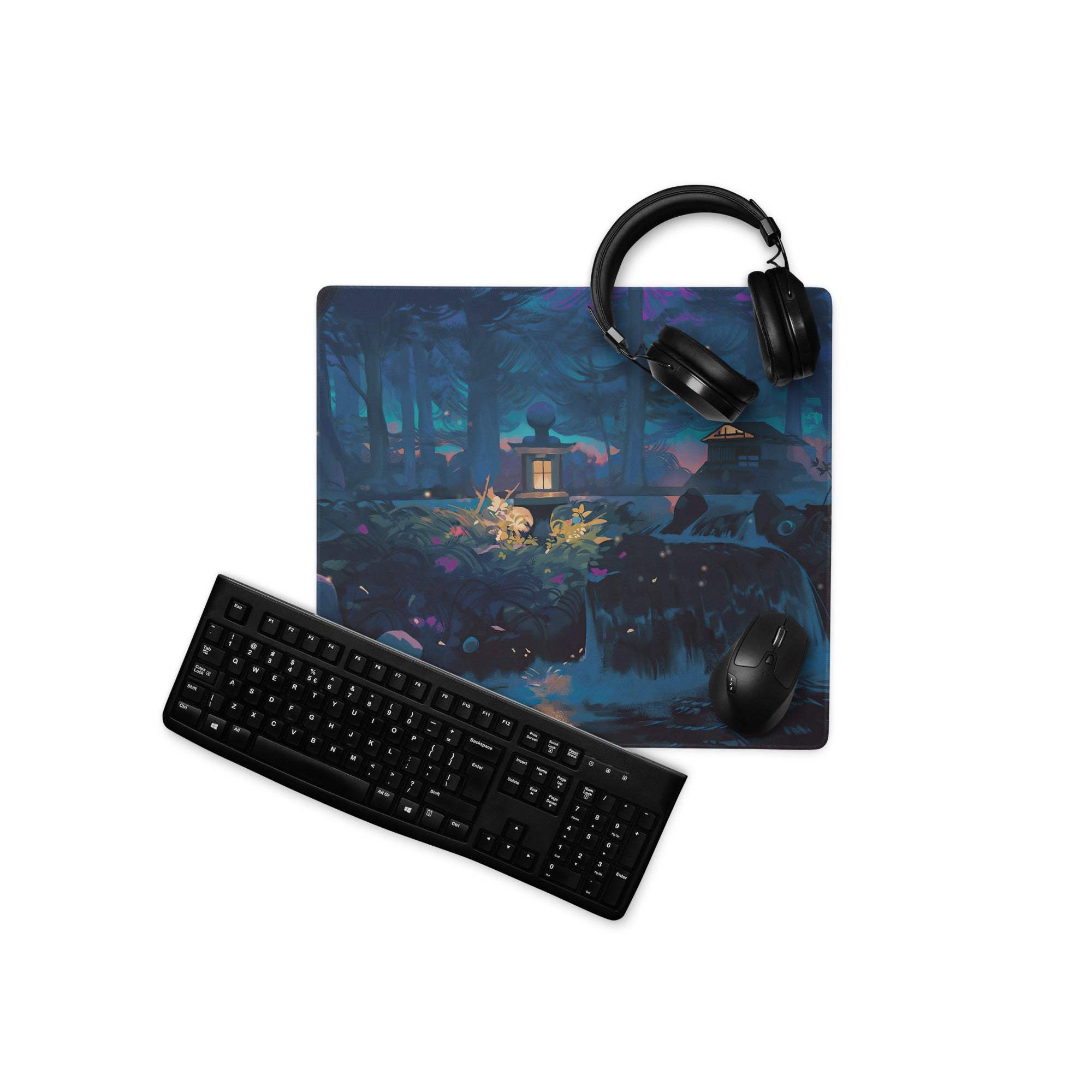 Black matte qwerty keyboard on Midnight Forest gaming mouse pad