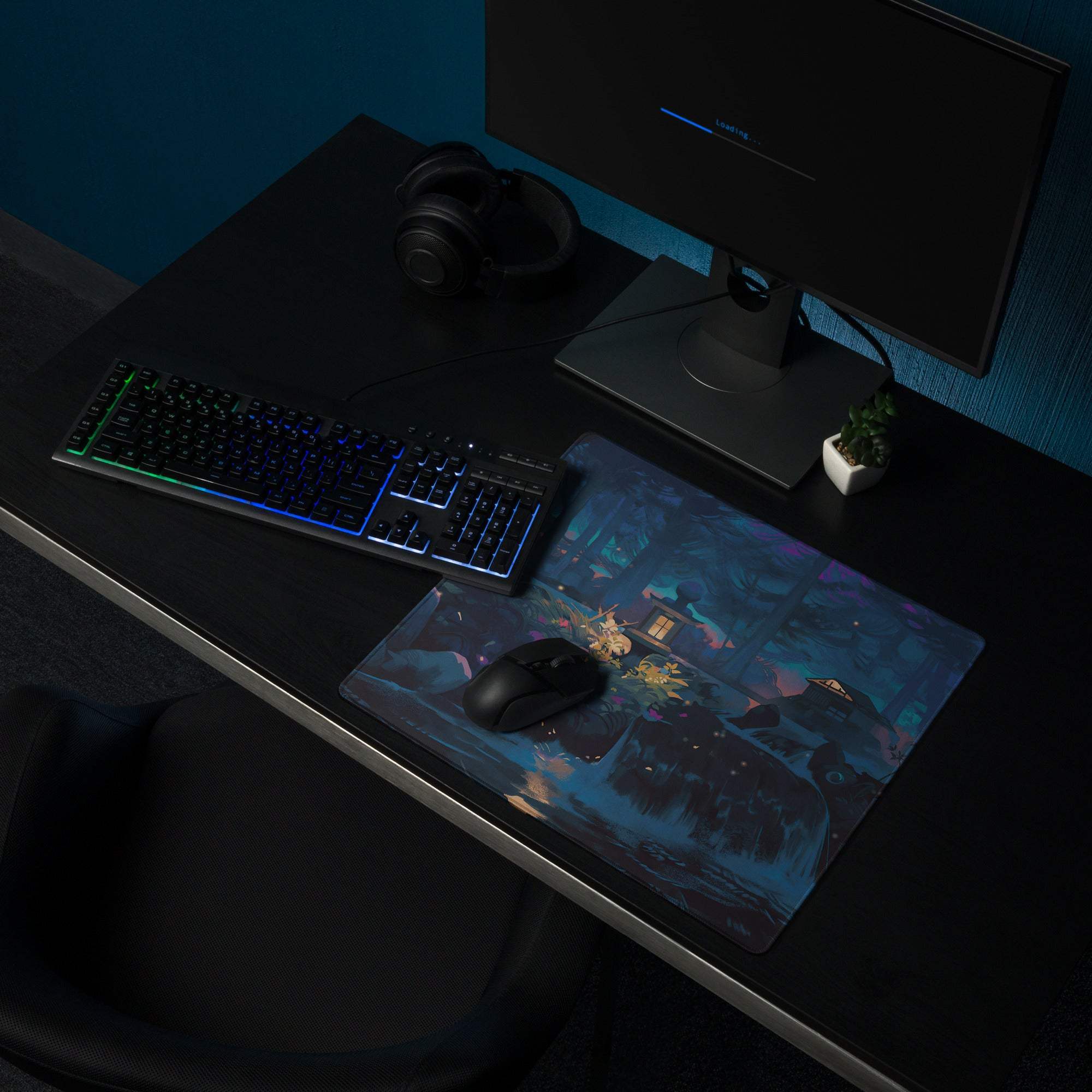 Midnight Forest anime gaming mousepad with dark blue purple night scene