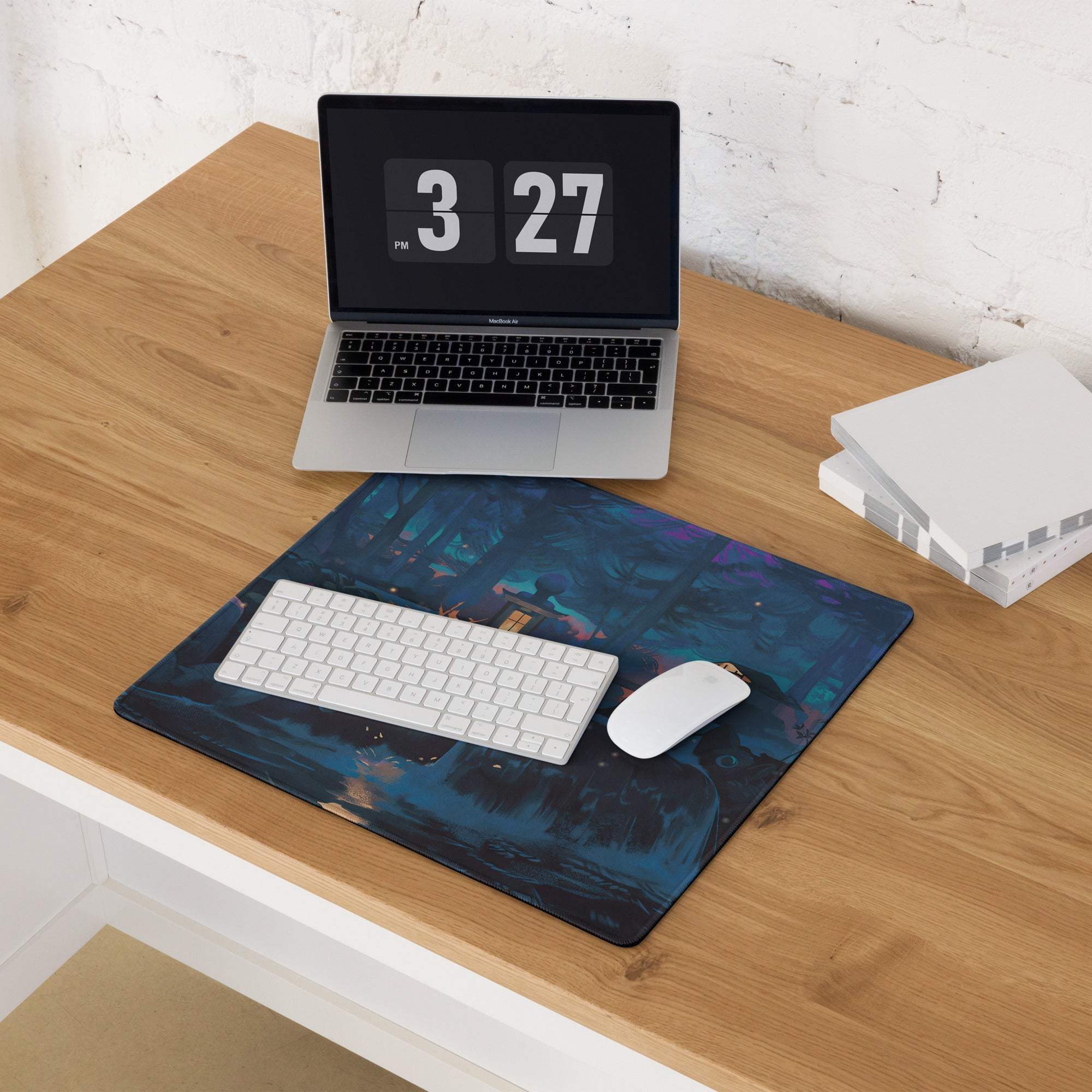 Midnight Forest large gaming mouse pad with dark blue neon cityscape design