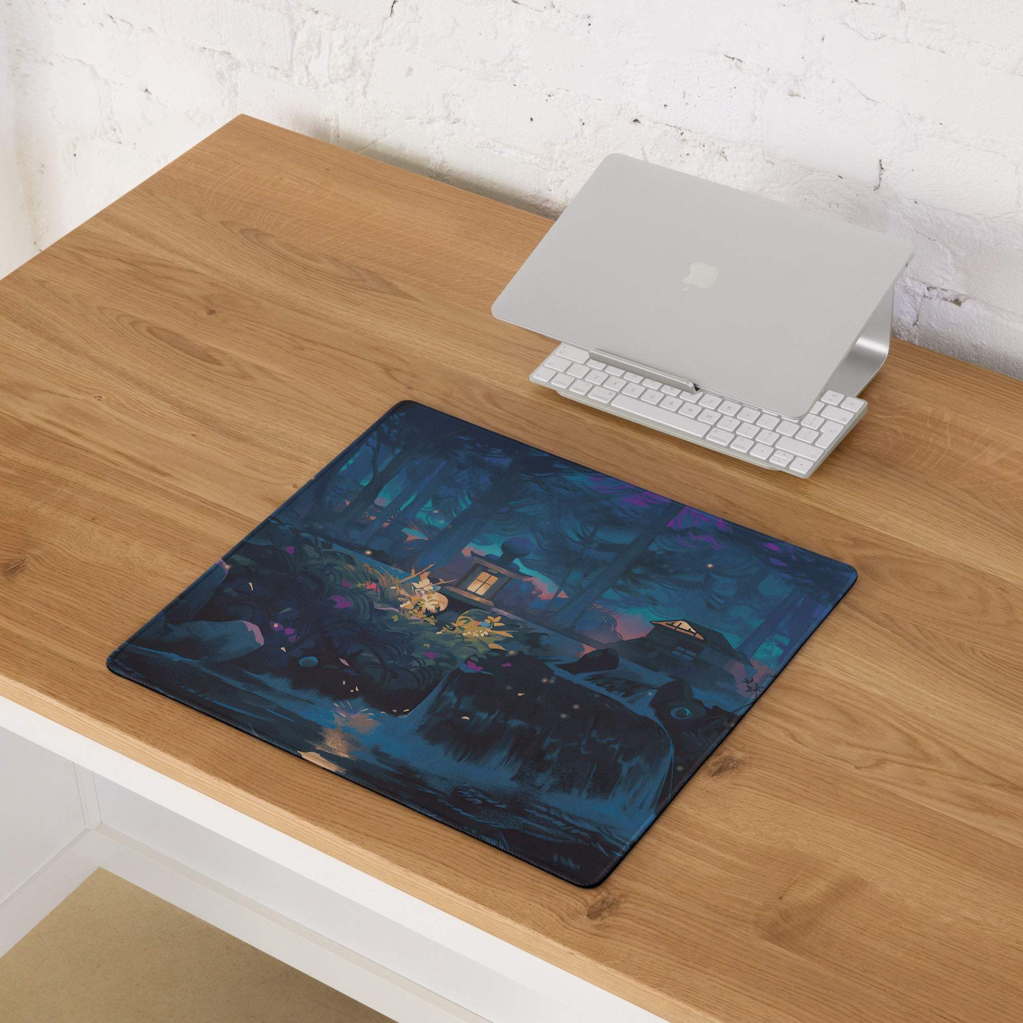 Midnight Forest large gaming mouse pad with glowing house in starry forest