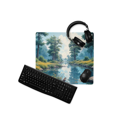 Black matte keyboard on diagonal left of Nature Forest green gaming mouse pad