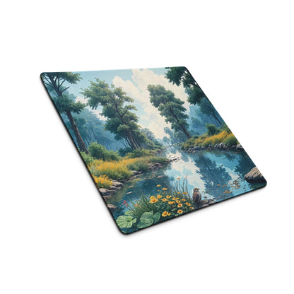 Large nature forest gaming mouse pad with serene river, trees, flowers, bird
