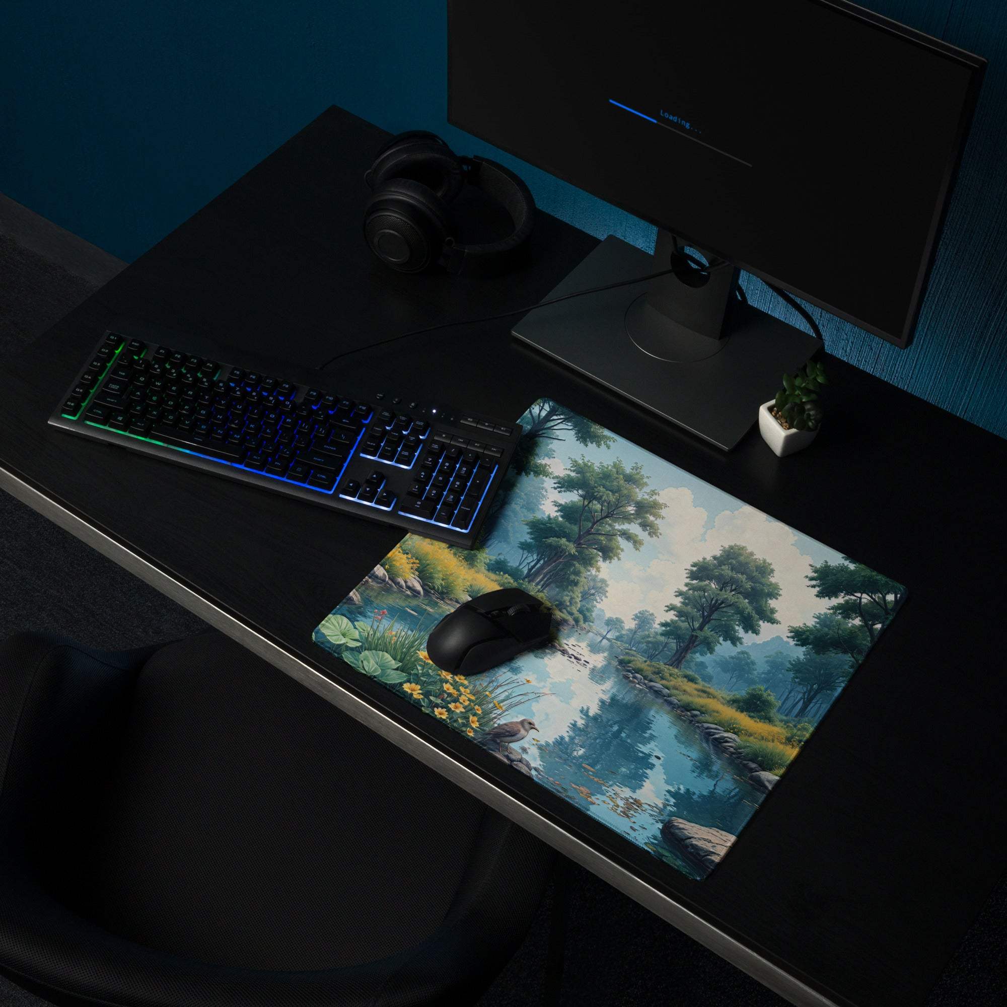 Large nature forest scene gaming mouse pad with serene trees, water, flowers