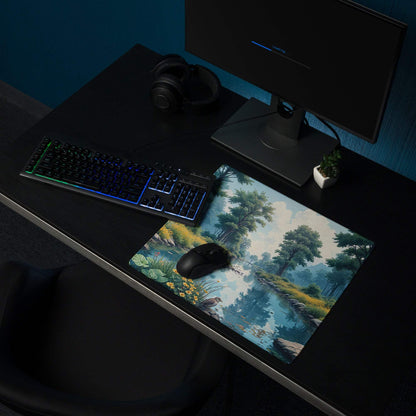 Large nature forest scene gaming mouse pad with serene trees, water, flowers