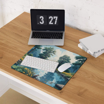 Large nature forest scene gaming mouse pad with edge stitching, non-slip base, vibrant green landscape