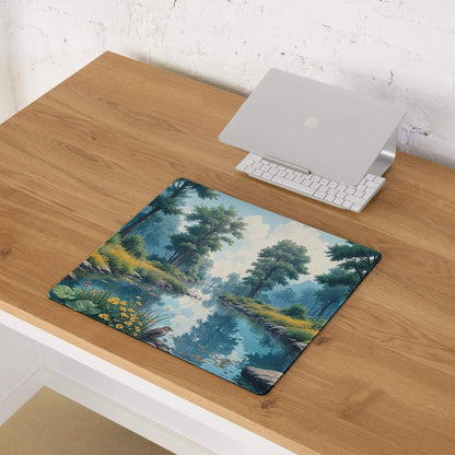 Large nature forest gaming mouse pad with trees, water, yellow flowers, edge stitching, non-slip base
