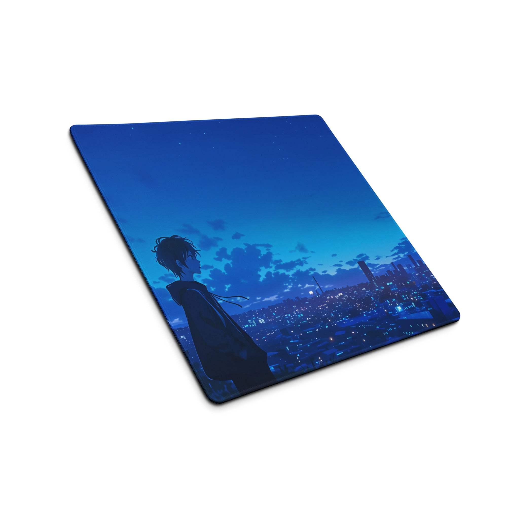 Blue anime boy silhouette cityscape dusk gaming mouse pad