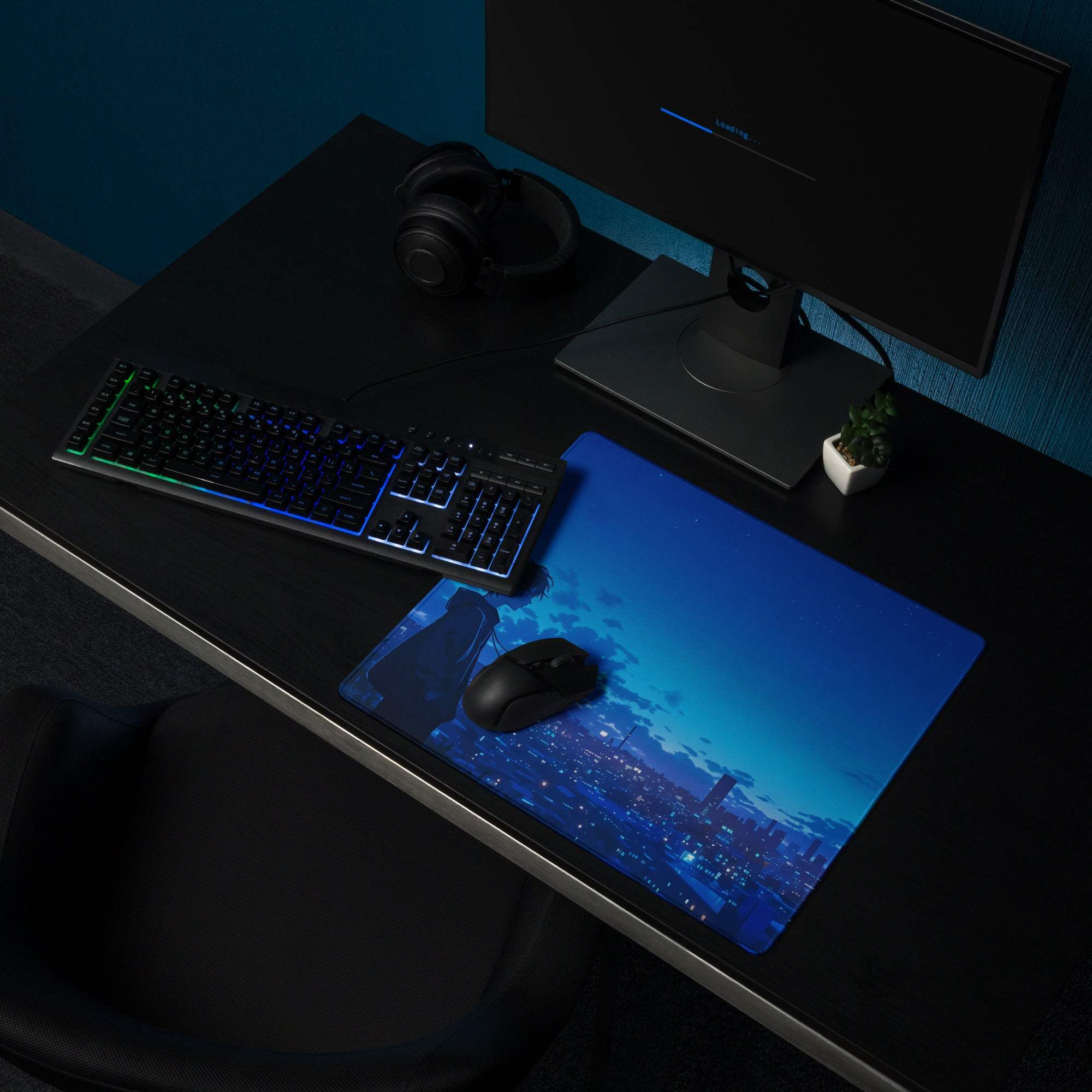 Blue anime night city gaming mousepad with black mouse, non-slip stitching