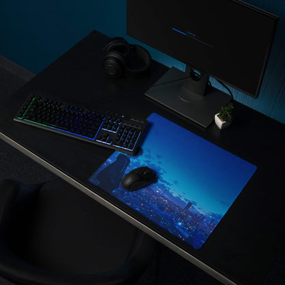 Blue anime night city gaming mousepad with black mouse, non-slip stitching