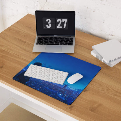 Stylish anime blue night city scene gaming mouse pad with silhouette