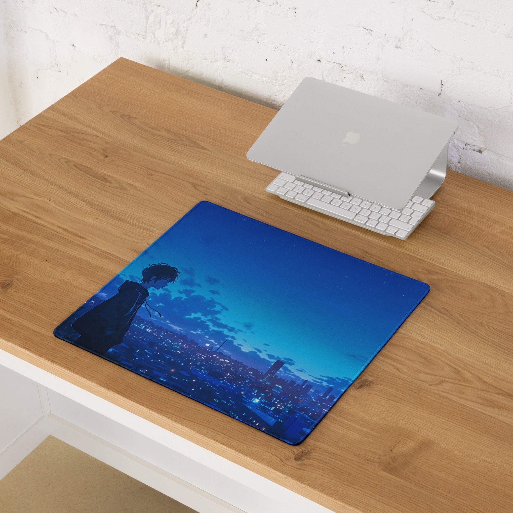 Blue anime mousepad with night city silhouette, large non-slip stitched gaming pad