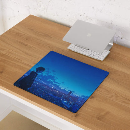 Blue anime mousepad with night city silhouette, large non-slip stitched gaming pad