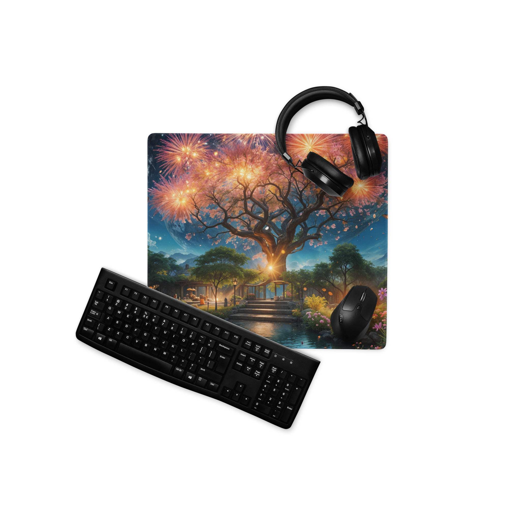 Black matte keyboard on Epic Fantasy Tree Landscape gaming mouse pad