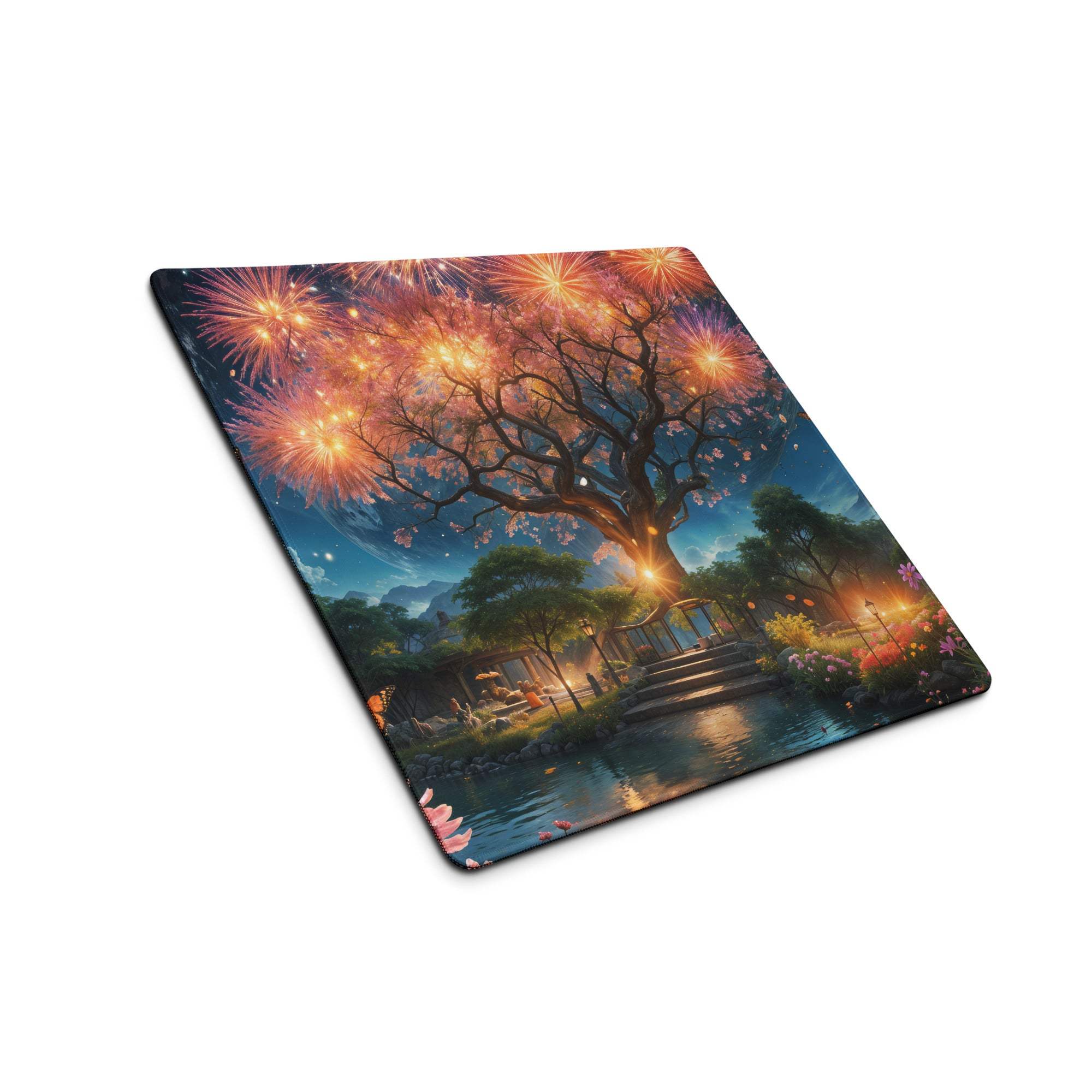 Epic fantasy tree by water with fireworks gaming mouse pad