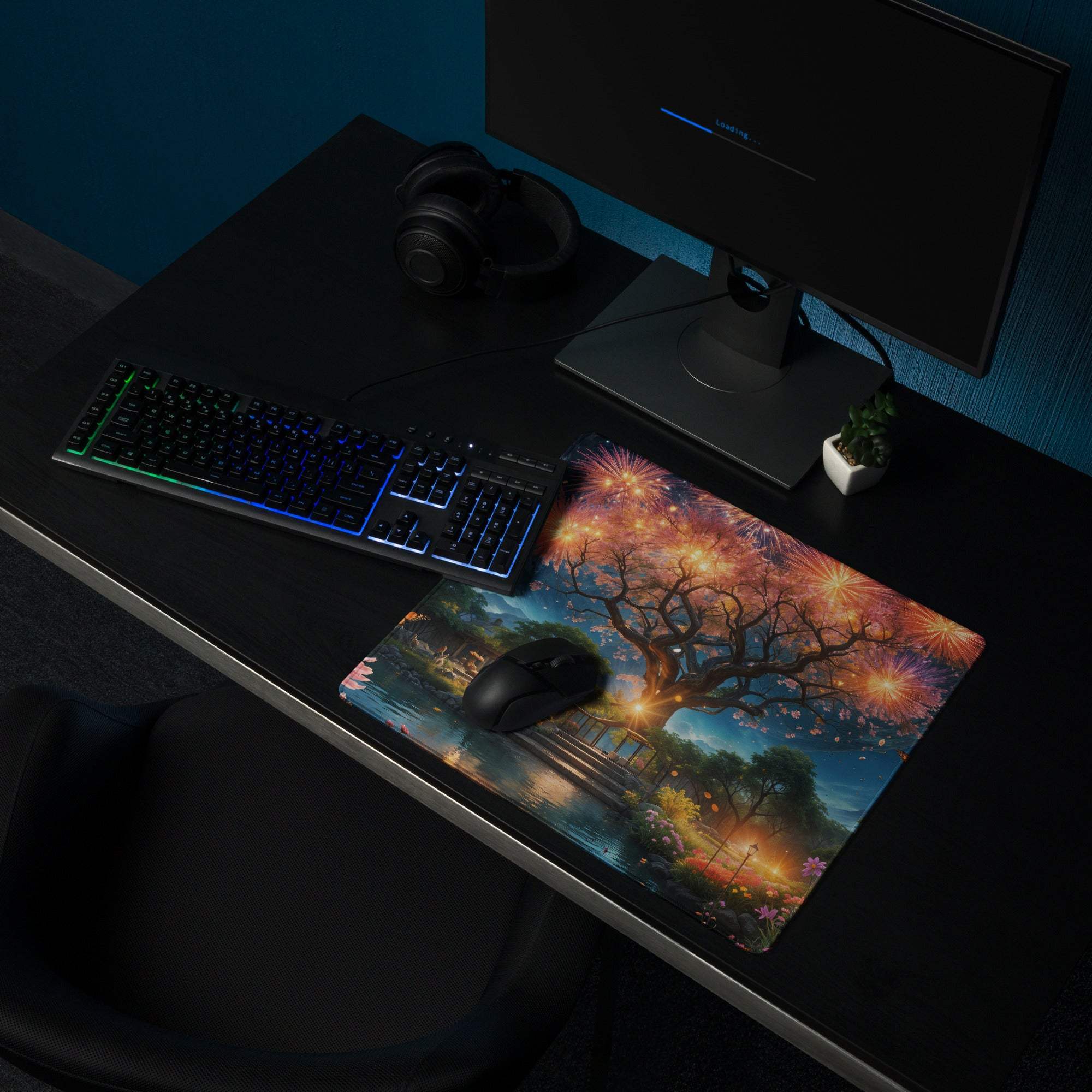 Epic fantasy tree with blossoms under fireworks on twilight gaming mousepad