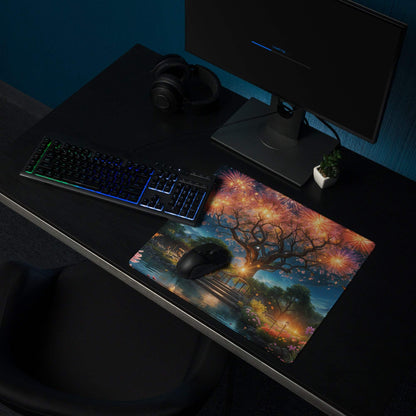 Epic fantasy tree with blossoms under fireworks on twilight gaming mousepad