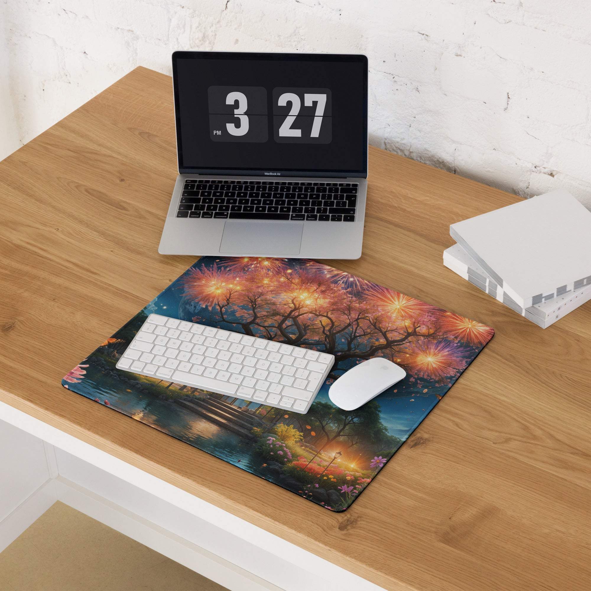 Epic Fantasy Tree Landscape gaming mouse pad with fireworks, glossy finish, edge stitching, non-slip base