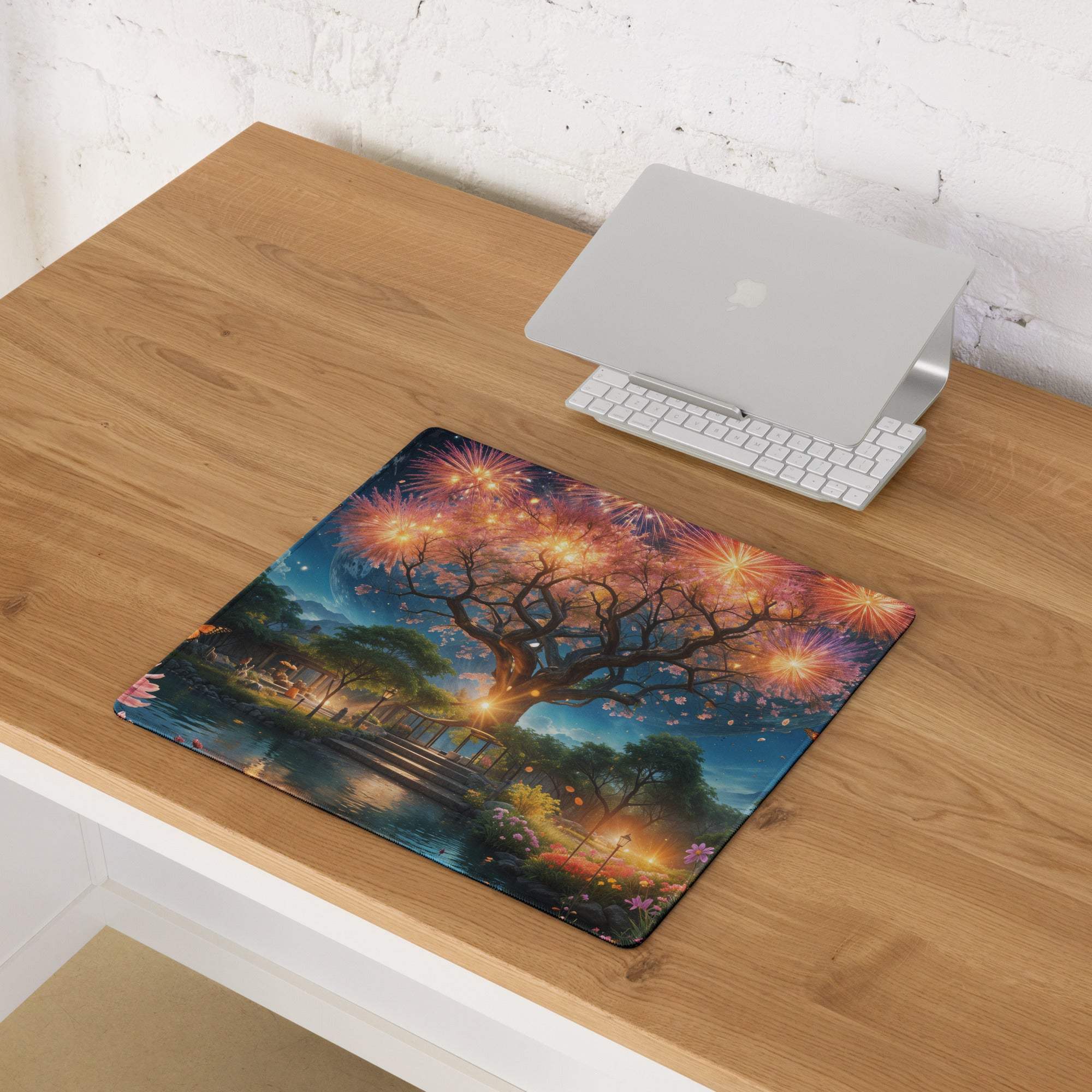 Epic fantasy tree with fireworks on gaming mouse pad, twilight sky