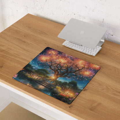 Epic fantasy tree with fireworks on gaming mouse pad, twilight sky