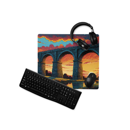 Black matte finish keyboard on Vivid Sunset Bridge gaming mouse pad