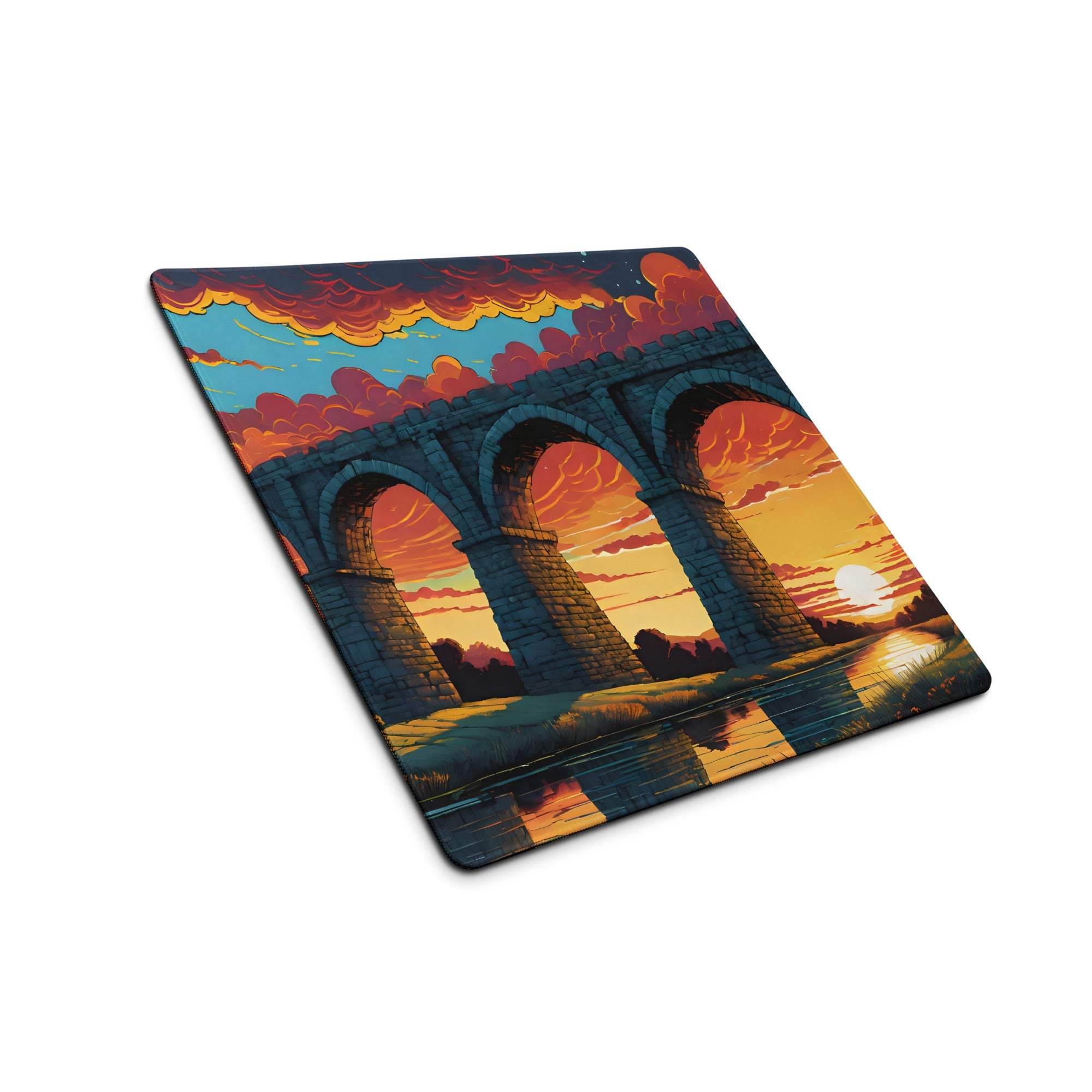 Vivid sunset aqueduct on non-slip gaming mouse pad with edge stitching