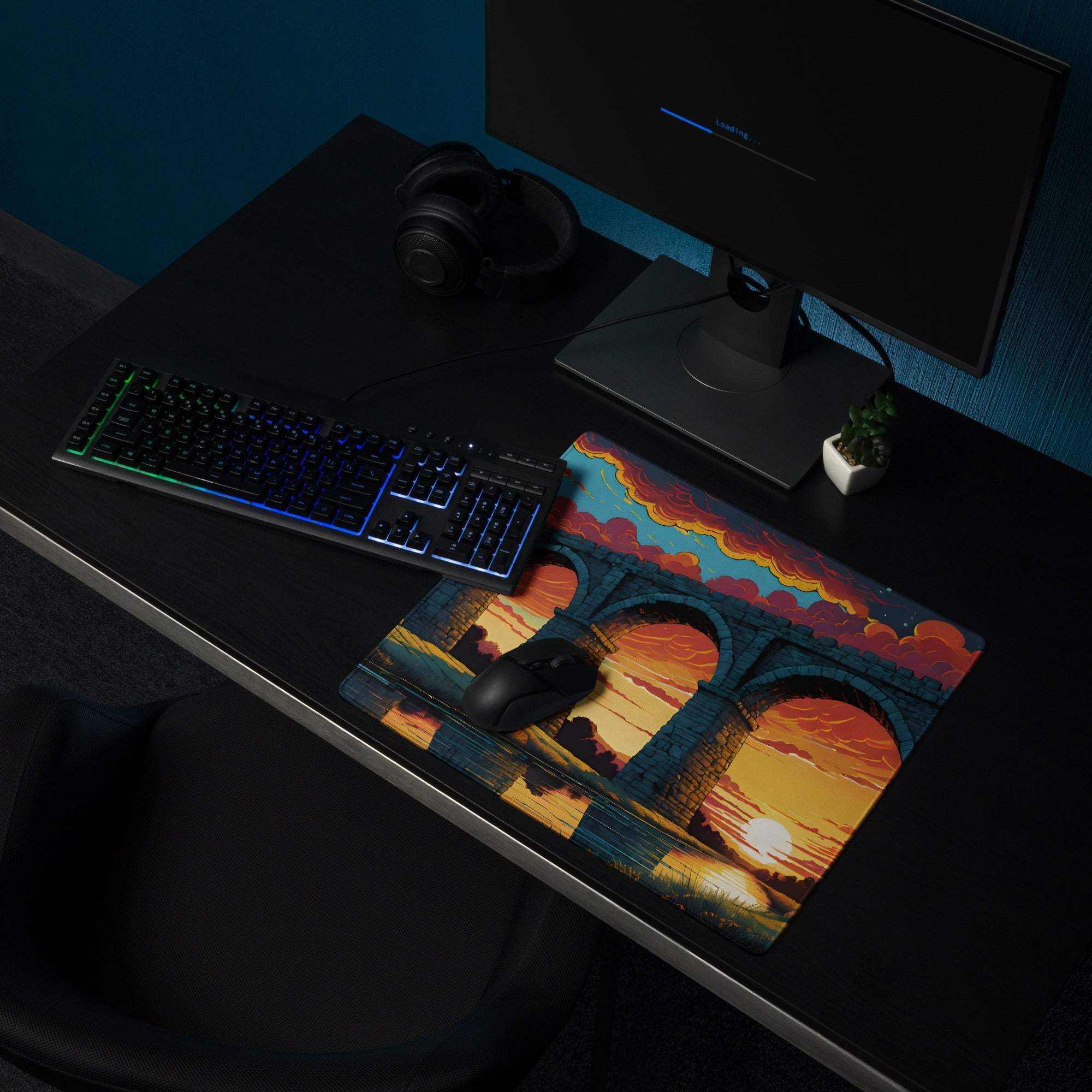 Vivid sunset bridge gaming mouse pad with non-slip base and stitching
