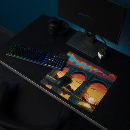 Vivid sunset bridge gaming mouse pad with non-slip base and stitching