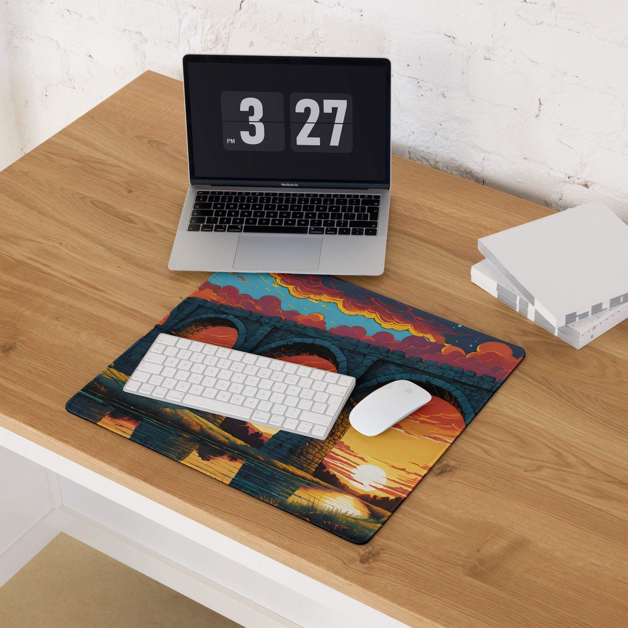 Vivid sunset bridge gaming mouse pad with non-slip base and stitching