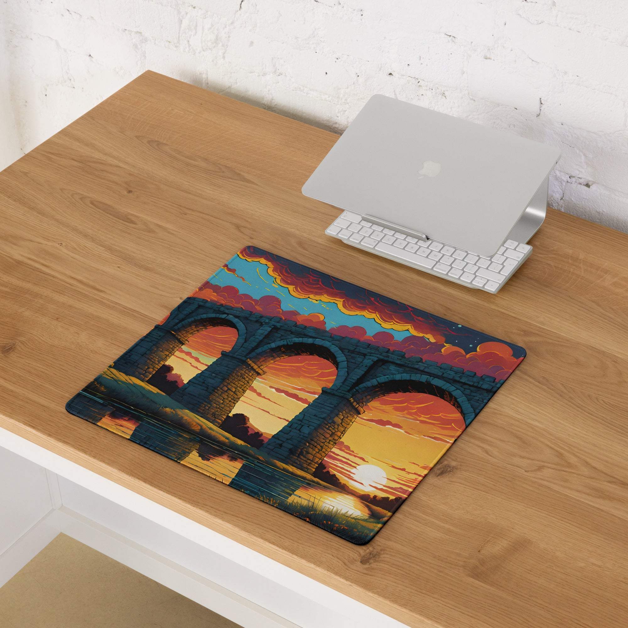 Vivid sunset arched stone bridge gaming mouse pad with non-slip base