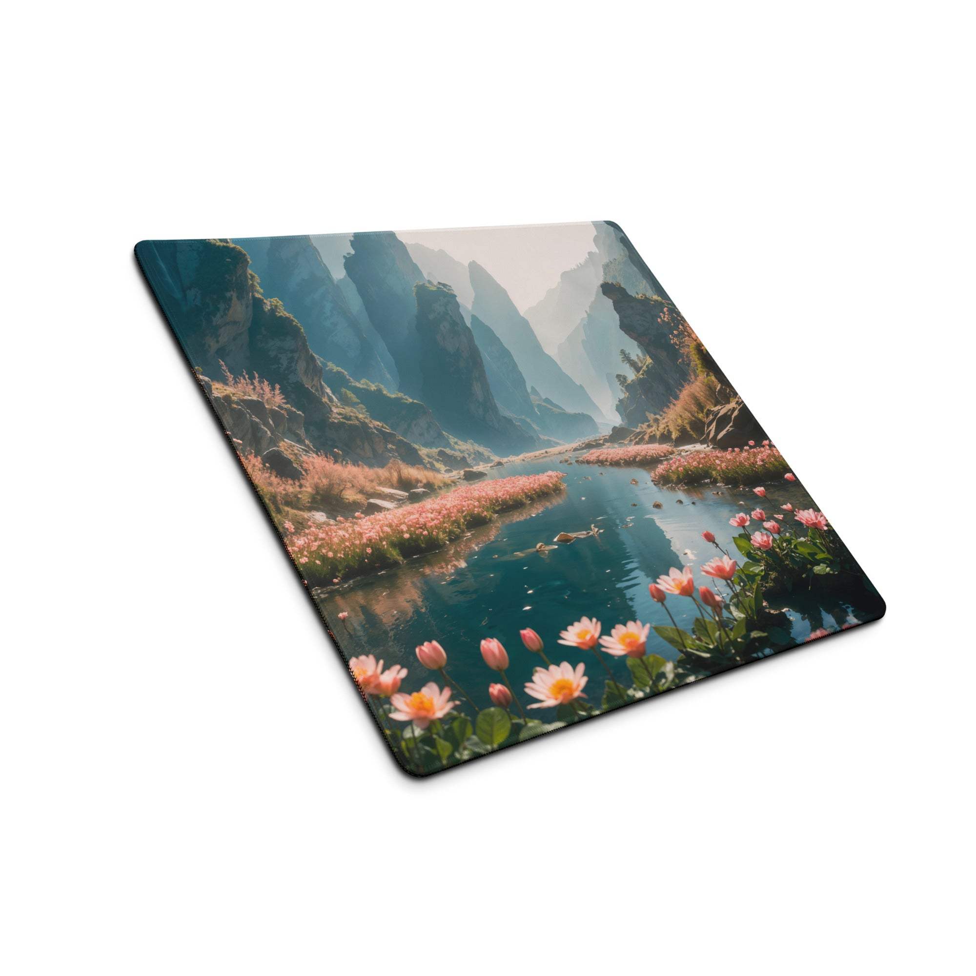 Epic misty blue mountain valley mouse pad with flowers, large gaming non-slip