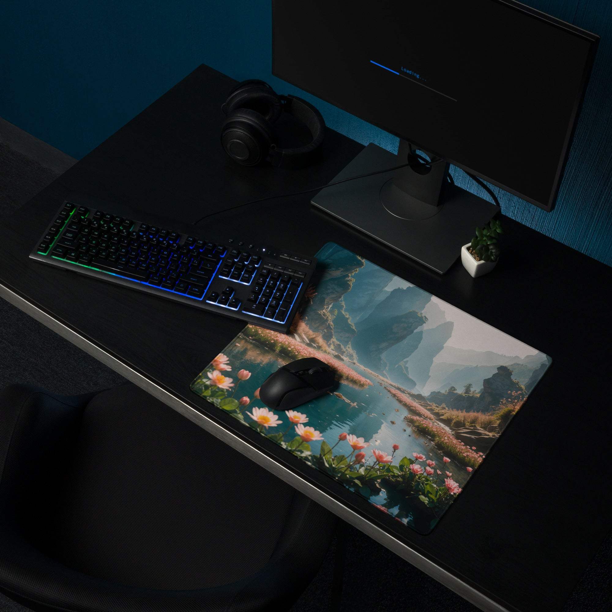 Epic Misty Blue water lilies gaming mouse pad with edge stitching