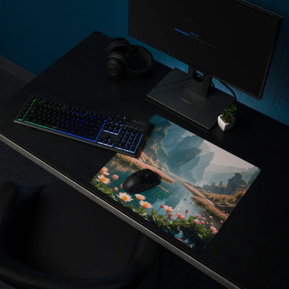 Epic Misty Blue water lilies gaming mouse pad with edge stitching
