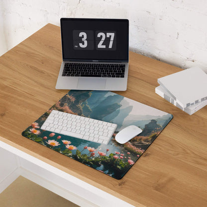 Epic Misty Blue scenic gaming mouse pad with mountains, water, pink flowers