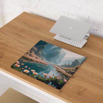 Epic misty blue water lilies gaming mouse pad with edge stitching