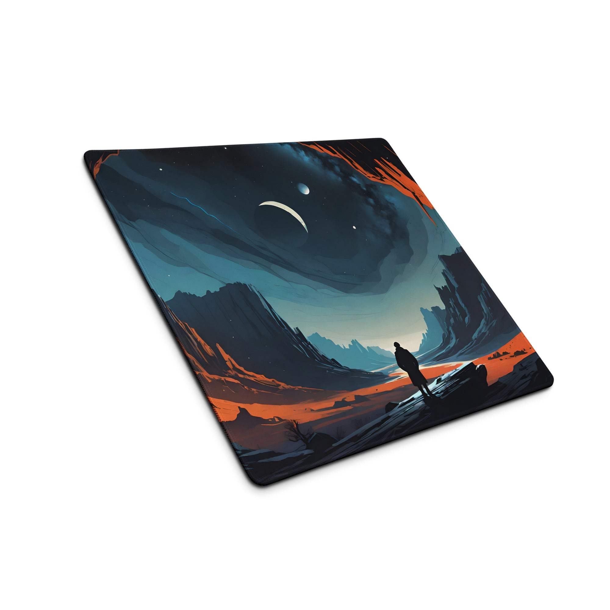Epic blue orange night sky canyon gaming mouse pad with lone figure